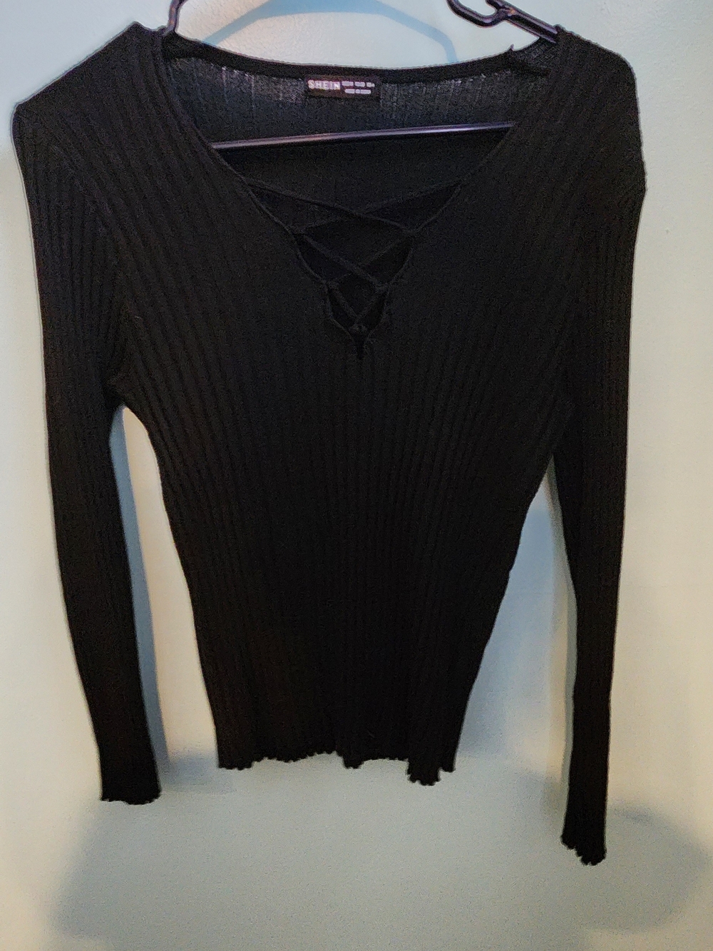 SHEIN Black Ribbed Knit V-Neck Top with Lace-Up Detail